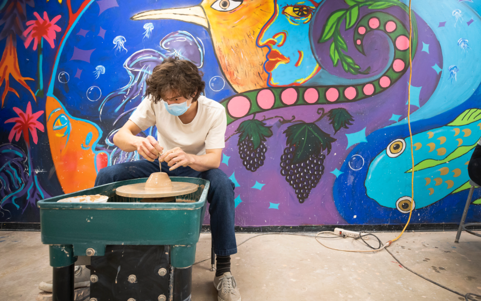 Students working in art class